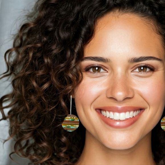 🆕 Handcrafted Wood & Resin Trendy Round Earrings With Golden Color Alloy Hooks - Picture 3 of 11